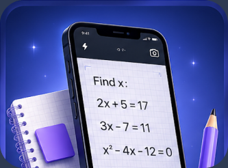 Phone camera capturing a handwritten math problem next to a spiral notebook and purple pencil