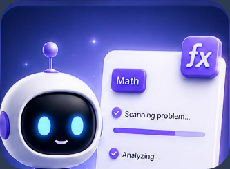 White robot mascot with glowing blue eyes scanning a math problem with a progress bar