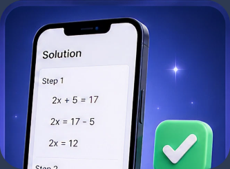 Phone showing a step-by-step equation solution next to a green checkmark