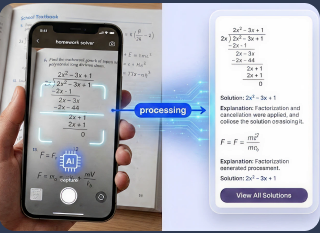 Phone scanning a homework problem while the AI processes it into a step-by-step solution sheet
