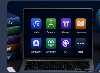Laptop showing a grid of subject apps including Math, Science, History, Literature and Languages