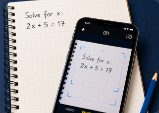 Phone camera scanning a spiral notebook with the handwritten equation Solve for x: 2x + 5 = 17