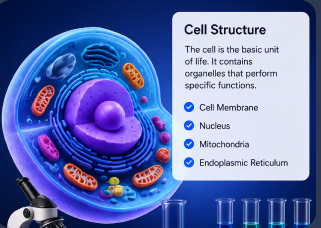 3D biological cell illustration next to a Cell Structure panel listing organelles