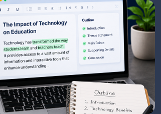 Laptop showing an essay editor with an outline checklist beside a paper notebook with a handwritten outline